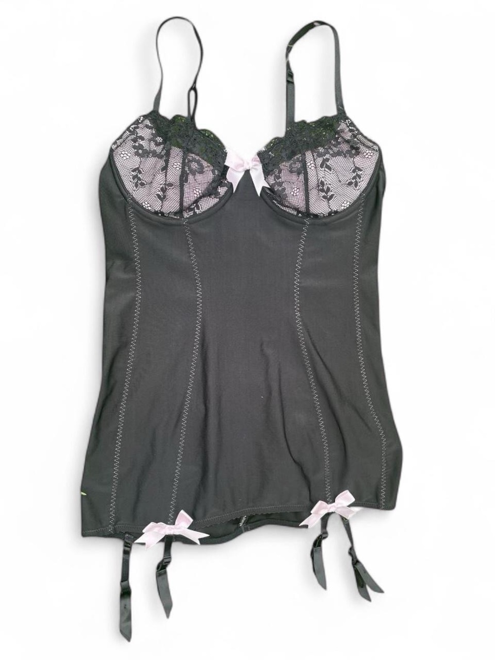 Victoria's Secret Black & Pink Bustier Chemise with Pink Bows